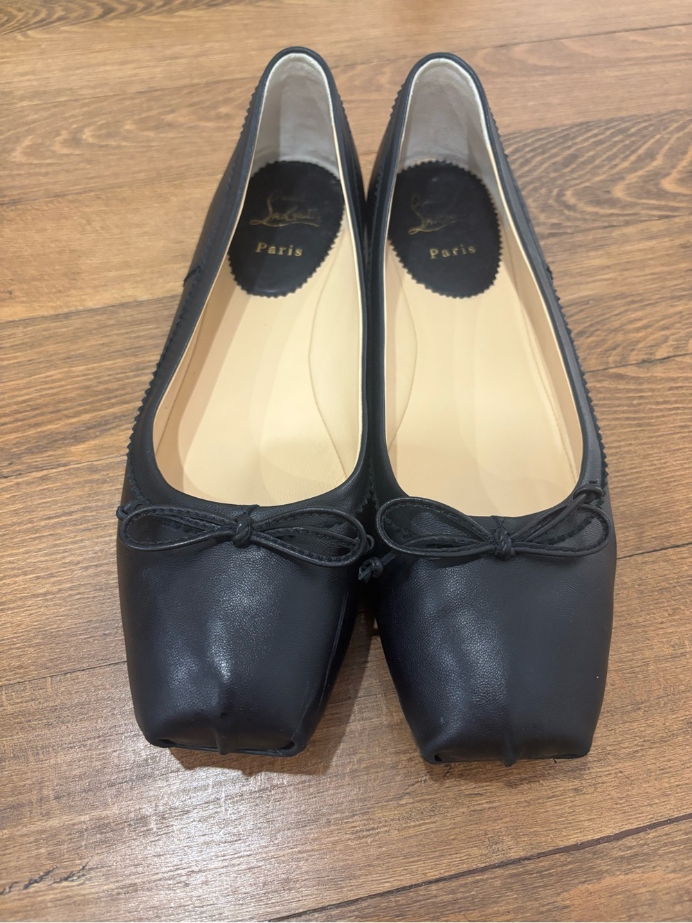 Christian Louboutin Black Leather Square-Toe Ballet Flats with Bow